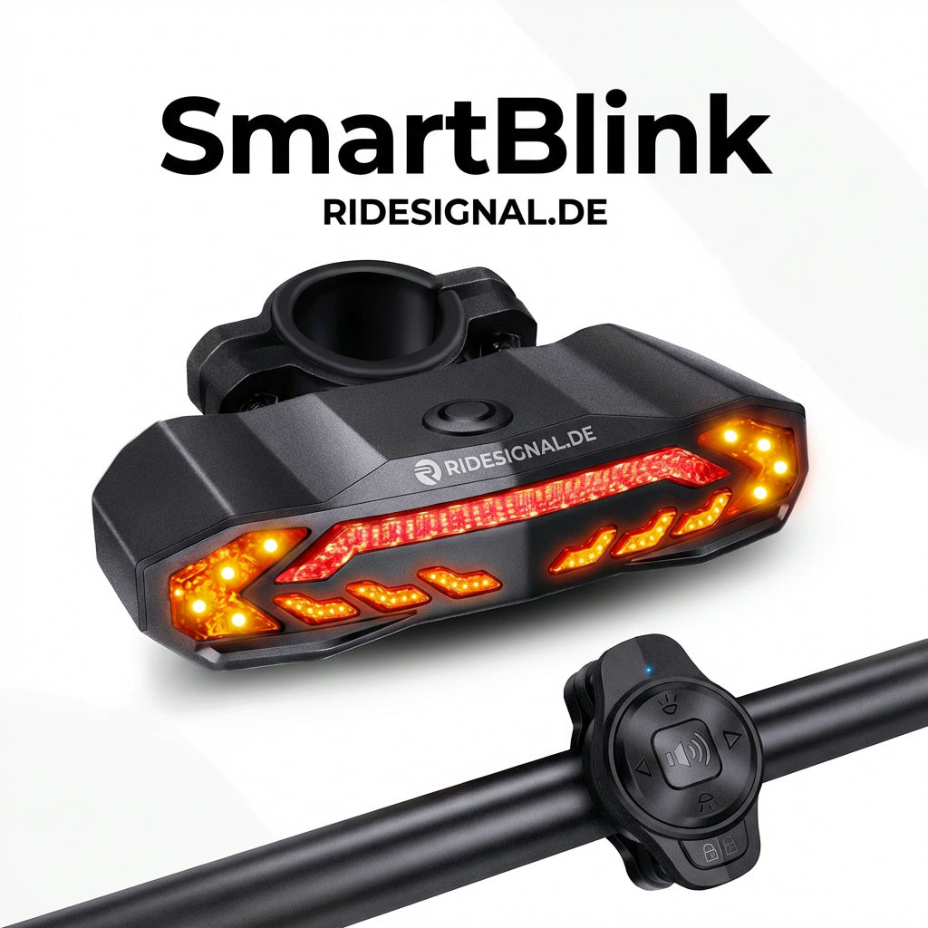 „RideSignal SmartBlink Fahrrad-Blinker Rücklicht mit LED-Blinkern und Lenkerfernbedienung.“